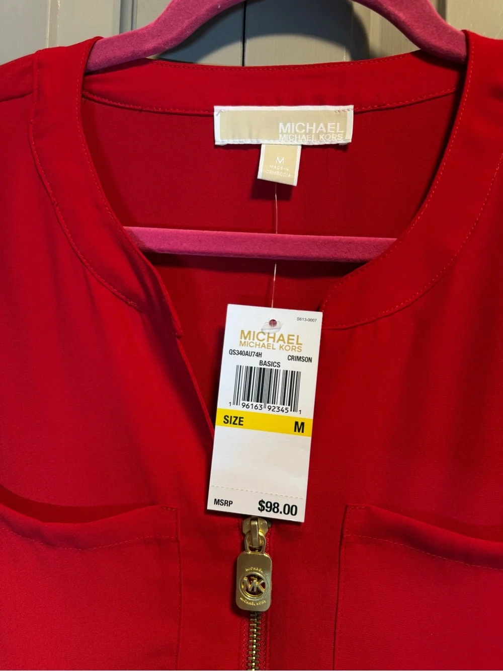 Michael Kors Bright Red Zip-Pocket Long Sleeve Blouse - Picture 2 of 5